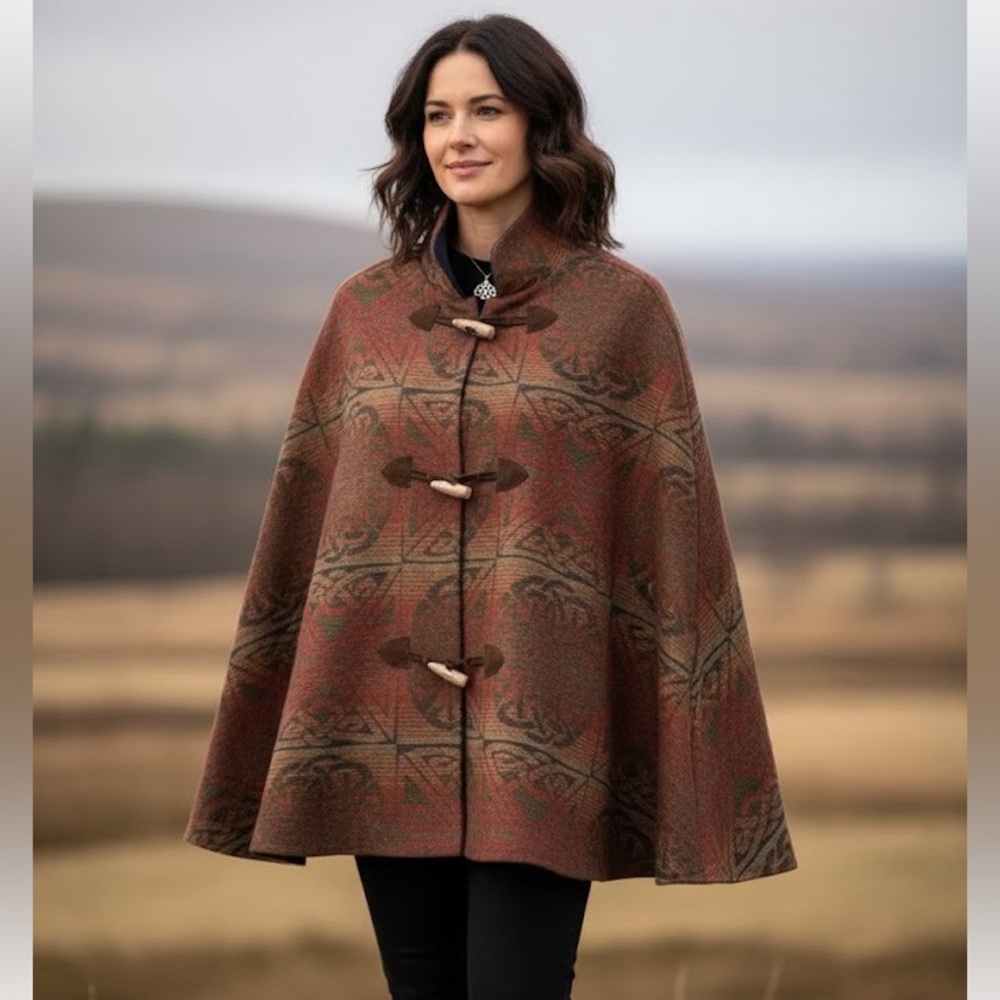 Womens Brown Patterned Toggle Wool-Blend Cape